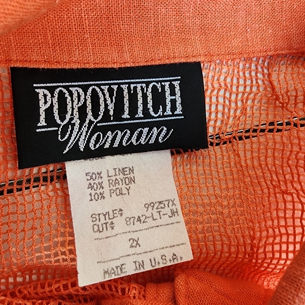 VTG Popovitch Womens Button Front Shirt Orange Linen Belnd Mesh Relaxed Plus 2X - Picture 10 of 13